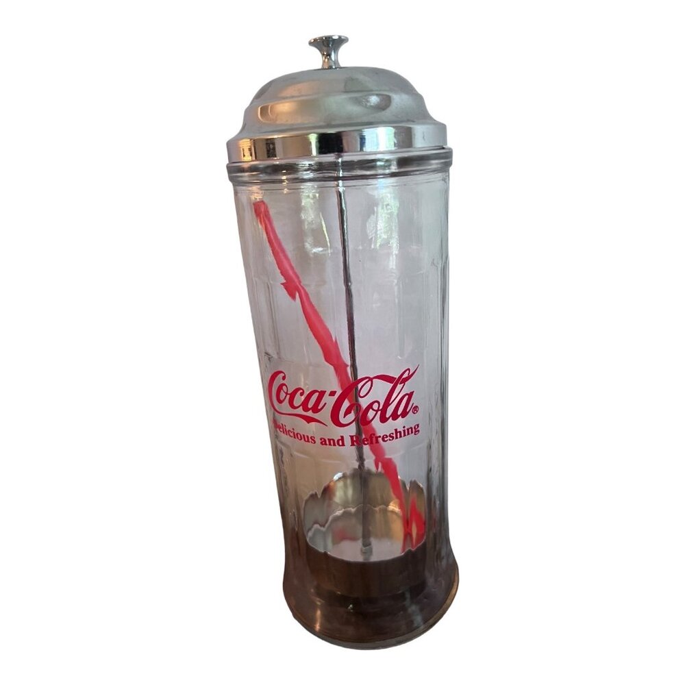 Vintage 1992 Coca-Cola Glass Straw Dispenser With Chrome Lid